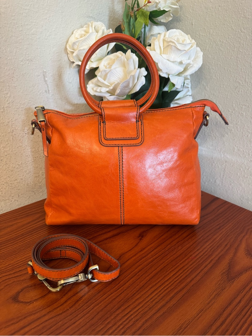 HOBO Vibrant Orange Leather Round-Handle Shoulder Bag with Strap